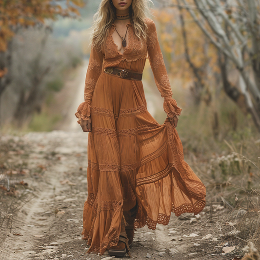 Women's Retro V-neck Country Pastoral Linen Style Long-sleeve Casual Maxi Long Dress