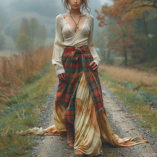 Women's Retro Plaid V-neck Long-sleeve Long Skirt Pastoral Style Maxi Long Dress
