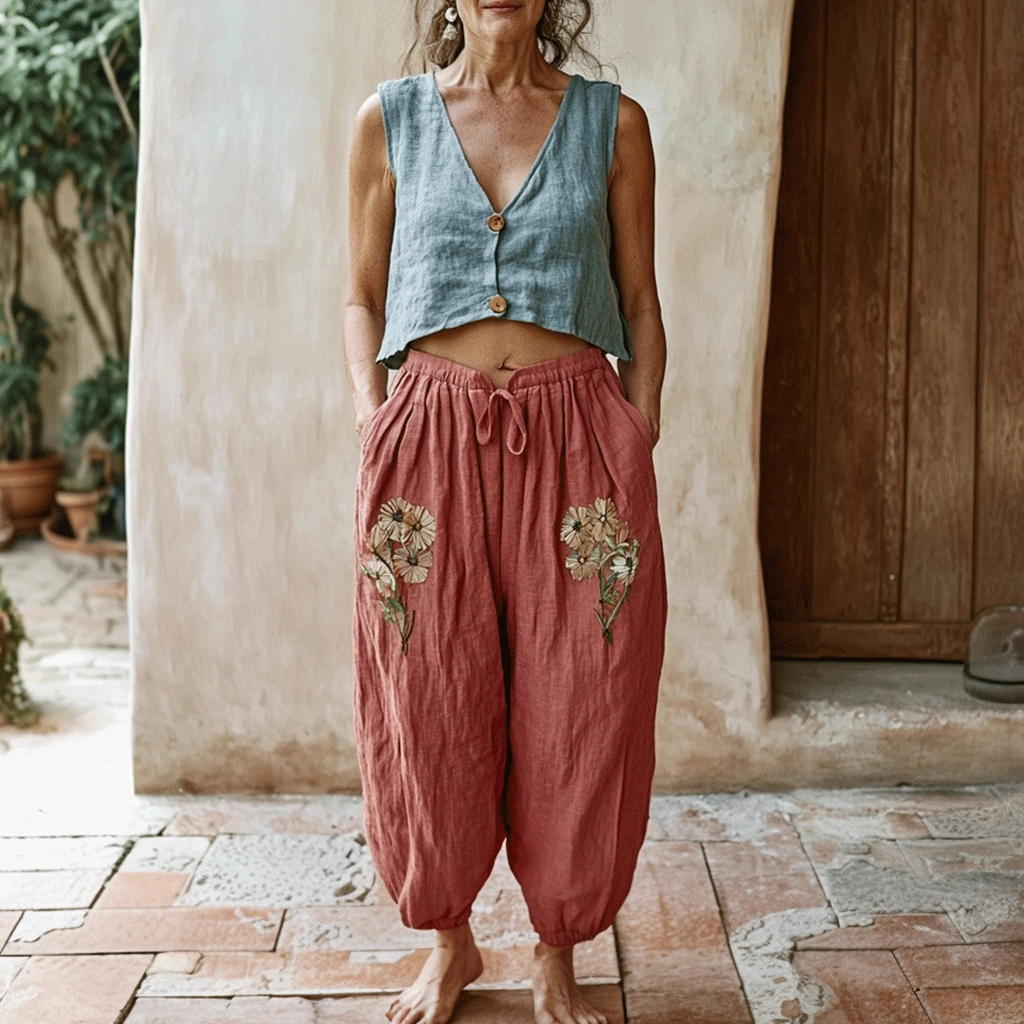 Women's Linen Bohemian Style Cropped Harem Trouser Pants