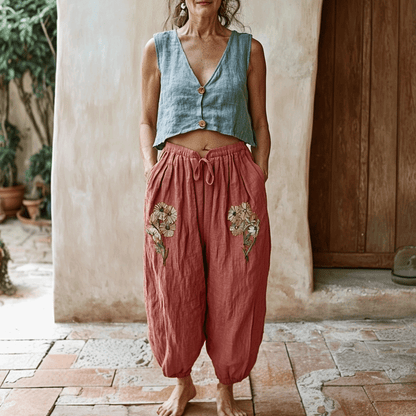 Women's Linen Bohemian Style Cropped Harem Trouser Pants