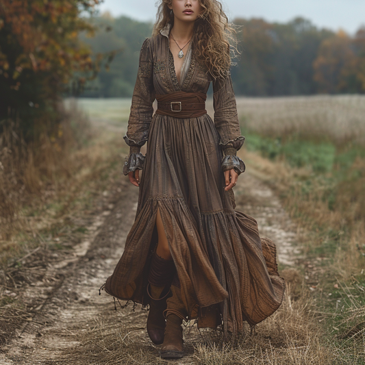 Women's Vintage V-neck Bohemian Pastoral Style Long-sleeved Maxi Long Dress