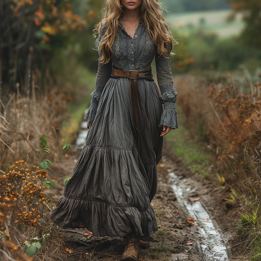 Women's Retro V-neck Country Pastoral Linen Style Long-sleeve Casual Maxi Long Dress