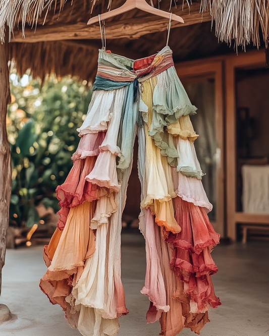 Summer Embroidered Ruffle Lace Patchwork Pants  7f24