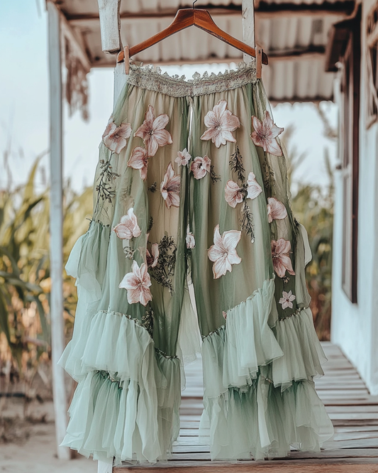 Summer Embroidered Ruffle Lace Patchwork Pants  4391