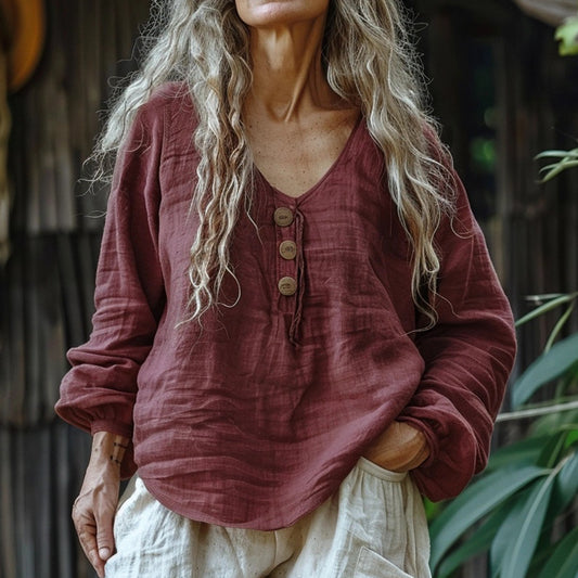 Women's Bohemian Linen Style Button-down Loose Long-sleeved Long-sleeve Top Shirt