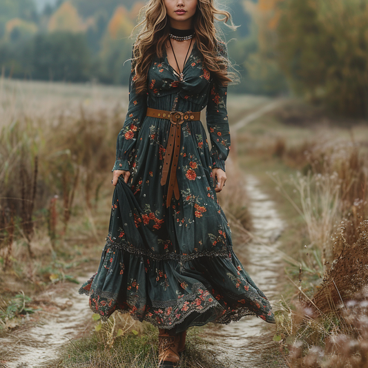 Women's Retro V-neck Floral Long-sleeve Bohemian Pastoral Style Maxi Long Dress
