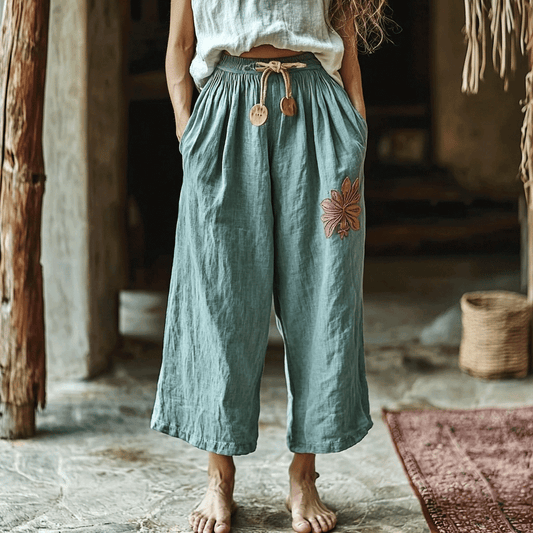 Women's Linen Bohemian Floral Casual 9-point Harem Trouser Pants