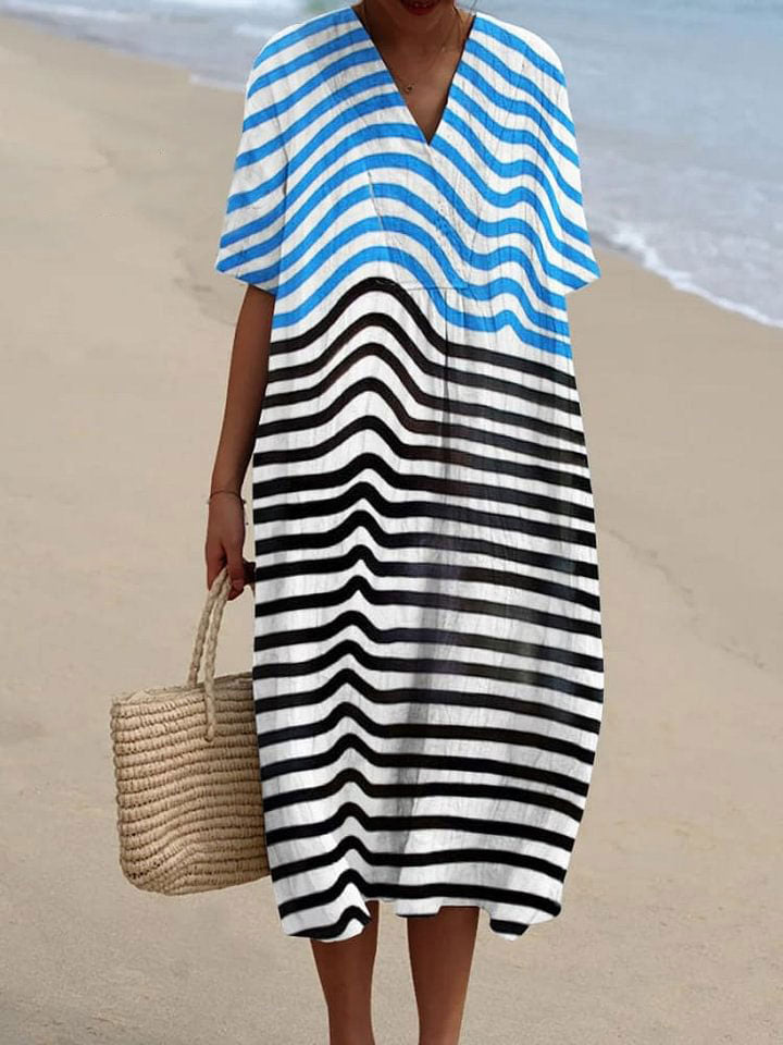 Blue and Black Stripes Decorative Pattern Flowy Dress