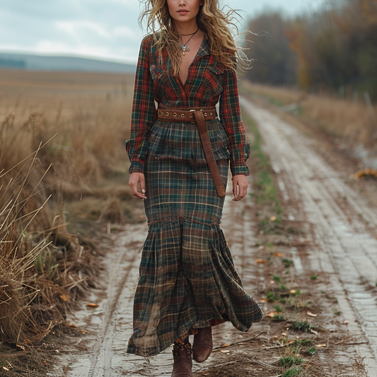 Women's Retro V-neck Plaid Long-sleeve Bohemian Pastoral Style Maxi Long Dress