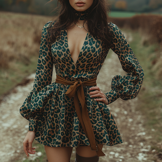 Women's Retro Pastoral Leopard Style Long-sleeve Short Skirt Dress
