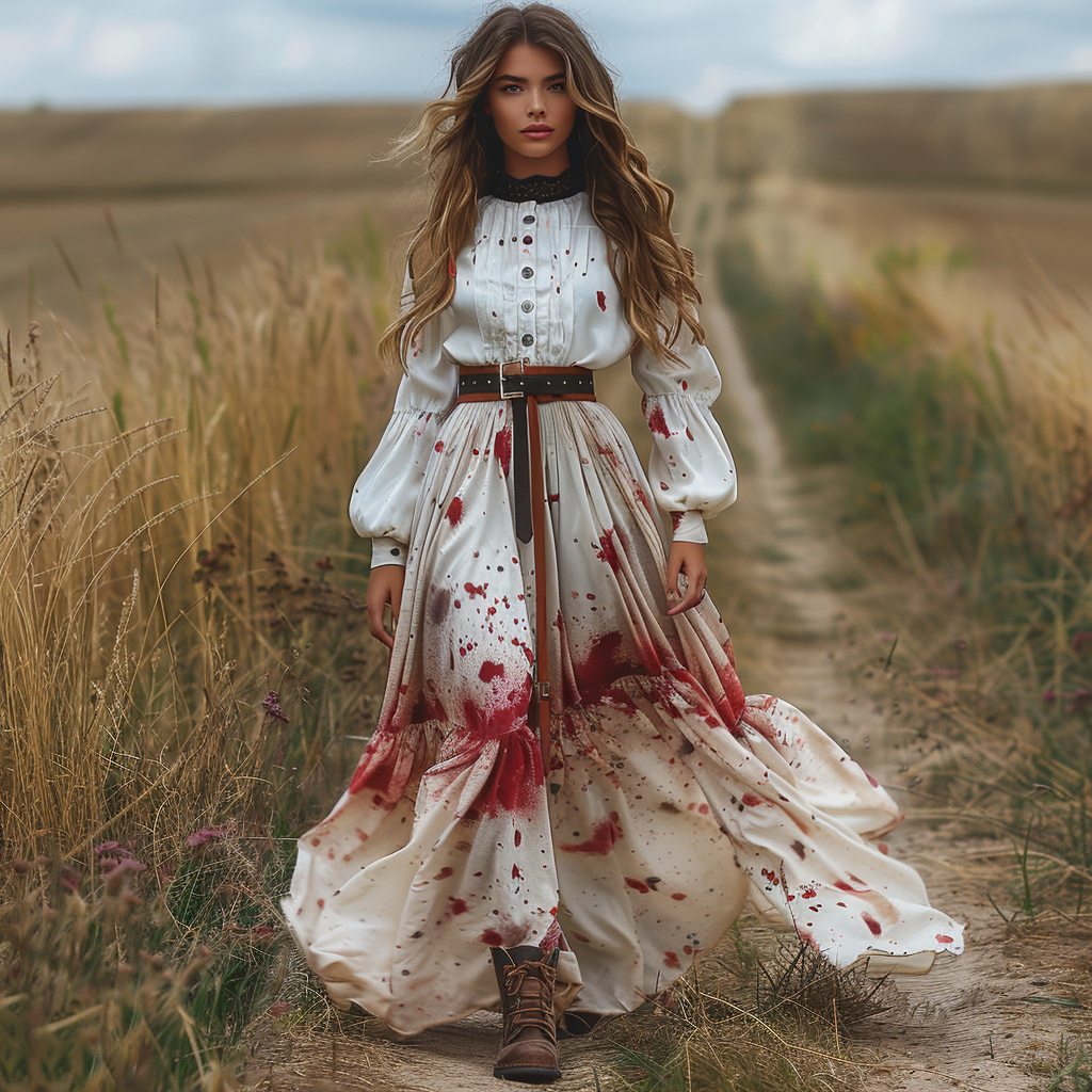 Women's Retro V-neck Pastoral Halloween Party Style Long-sleeve Maxi Long Dress