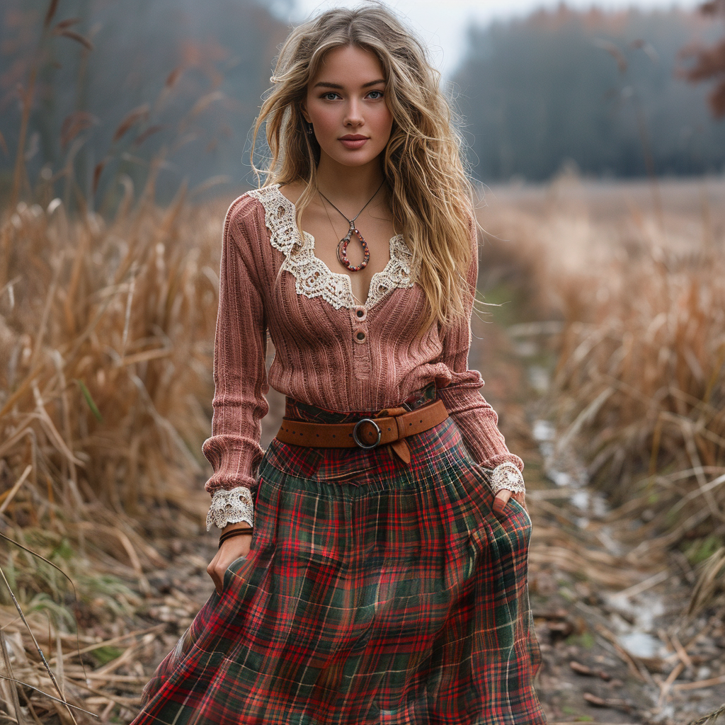 Women's Retro Plaid V-neck Long-sleeve Long Skirt Pastoral Style Maxi Long Dress