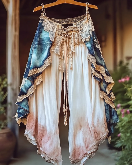 Summer Embroidered Ruffle Lace Patchwork Pants e466