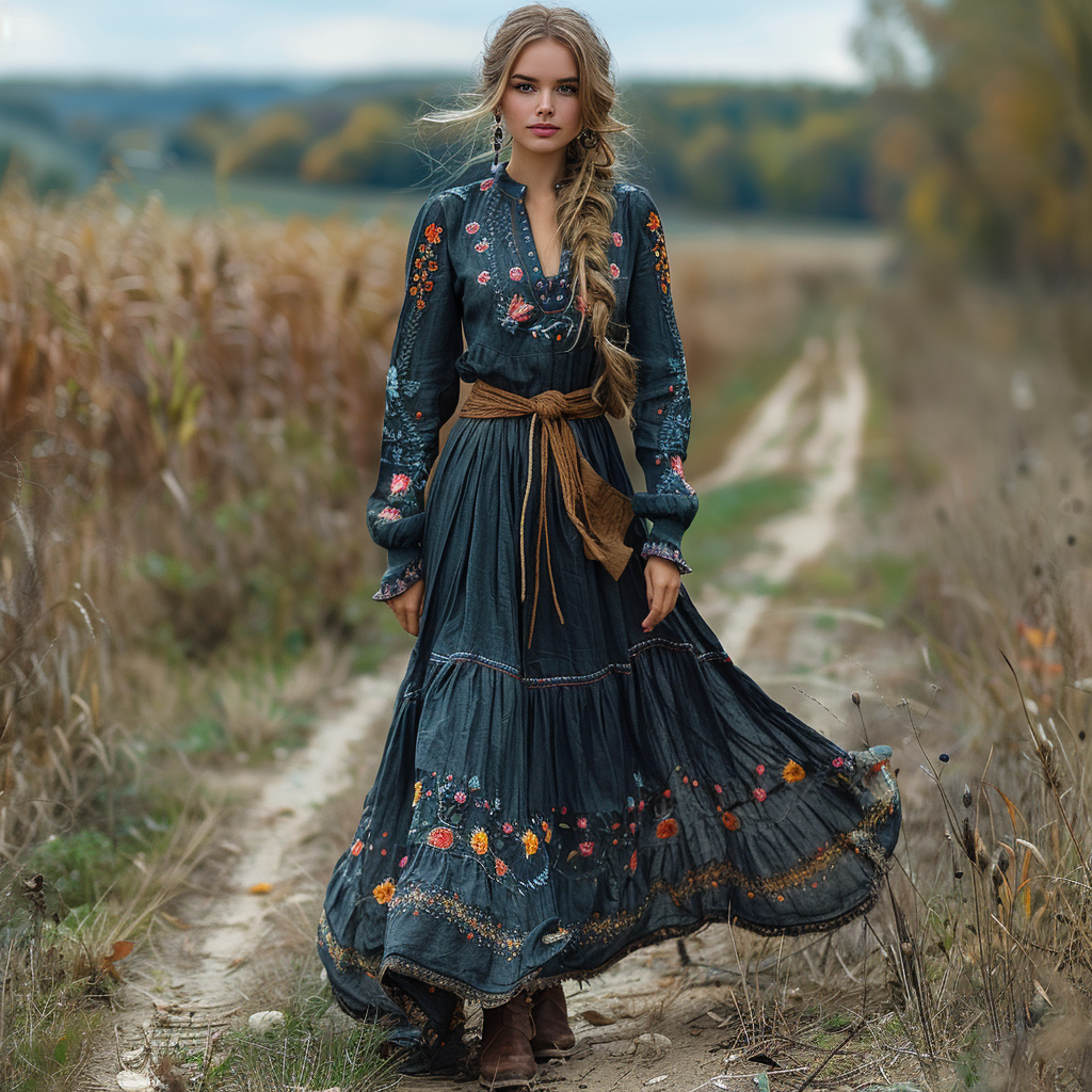 Women's Vintage V-neck Floral Bohemian Pastoral Style Long-sleeved Maxi Long Dress