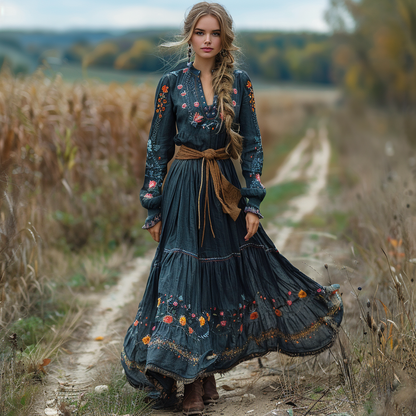 Women's Vintage V-neck Floral Bohemian Pastoral Style Long-sleeved Maxi Long Dress