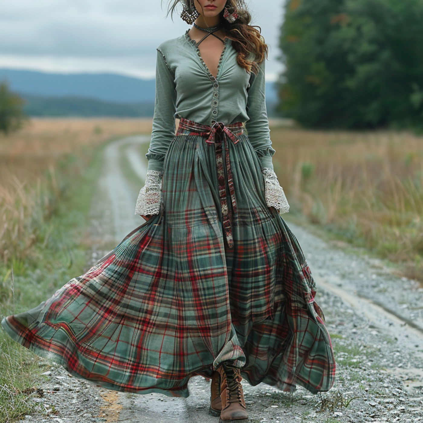 Women's Retro Plaid V-neck Long-sleeve Long Skirt Pastoral Style Maxi Long Dress