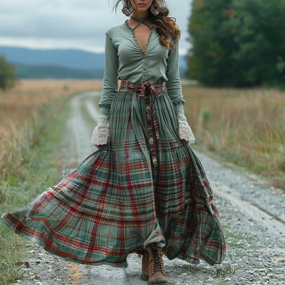 Women's Retro Plaid V-neck Long-sleeve Long Skirt Pastoral Style Maxi Long Dress