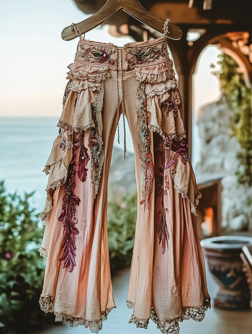 Summer ruffled cotton and linen patchwork contrast color pants 8f77