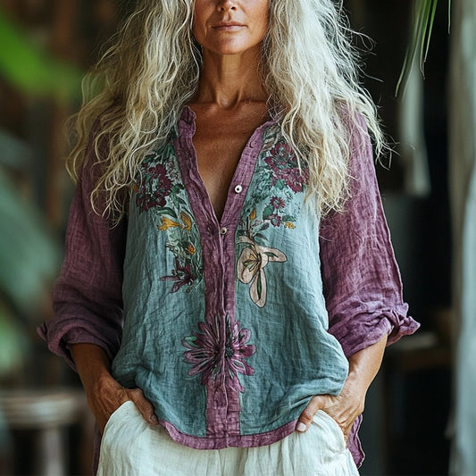 Women's Linen Bohemian Floral Print Long-sleeve Top Shirt