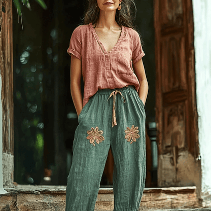Women's Linen Bohemian Style Wide-leg Trousers Pants