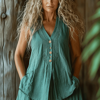 Women's Linen Bohemia Plain Style Sleeveless Vest Top Shirt