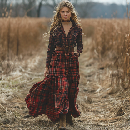 Women's Retro V-neck Plaid Long-sleeve Bohemian Pastoral Style Maxi Long Dress