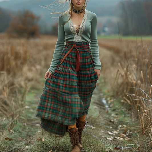 Women's Retro Plaid V-neck Long-sleeve Long Skirt Pastoral Style Maxi Long Dress