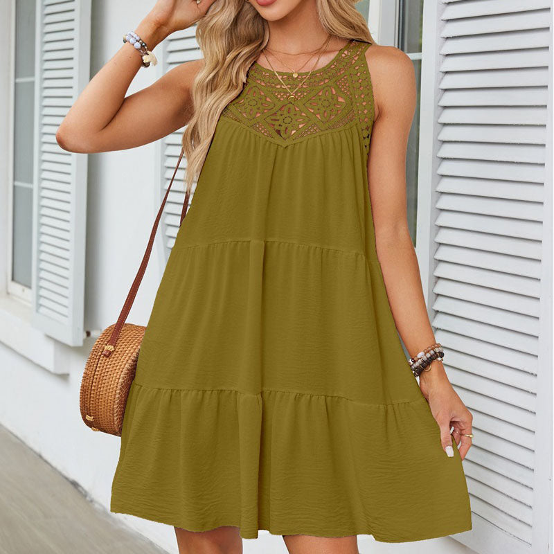 Hollow Lace Stitching Halter Neck A-line Dress