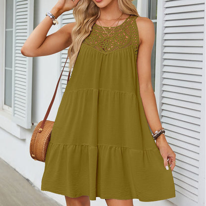 Hollow Lace Stitching Halter Neck A-line Dress