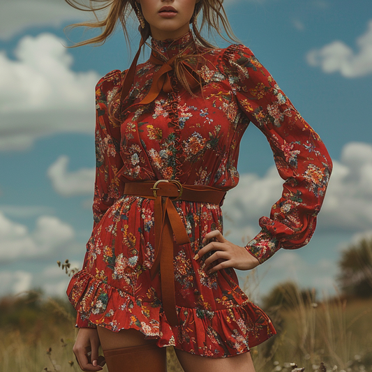 Women's Retro Floral Bohemian Pastoral Style Long-sleeved Mini Short Dress
