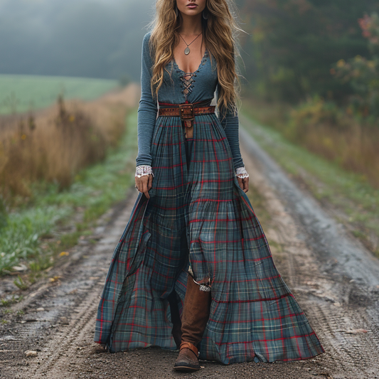 Women's Retro Plaid V-neck Long-sleeve Long Skirt Pastoral Style Maxi Long Dress