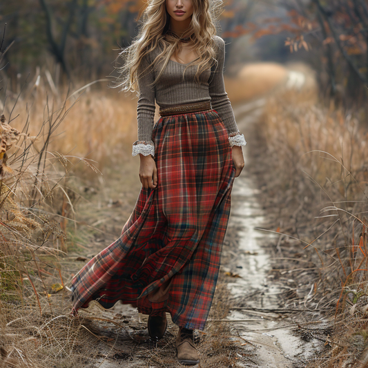 Women's Retro Plaid V-neck Long-sleeve Long Skirt Pastoral Style Maxi Long Dress