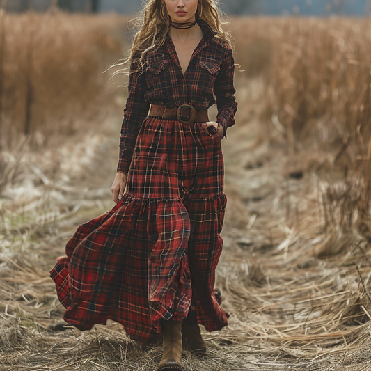 Women's Retro V-neck Plaid Long-sleeve Bohemian Pastoral Style Maxi Long Dress