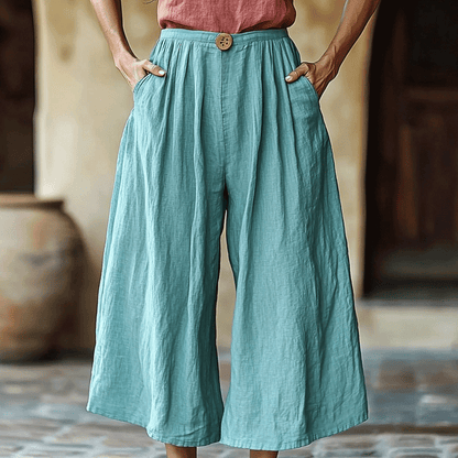 Women's Solid Linen Cropped Wide-leg Casual Trouser Pants