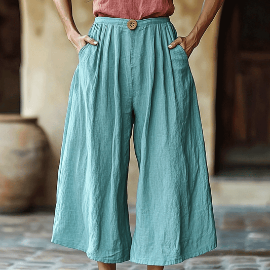 Women's Solid Linen Cropped Wide-leg Casual Trouser Pants