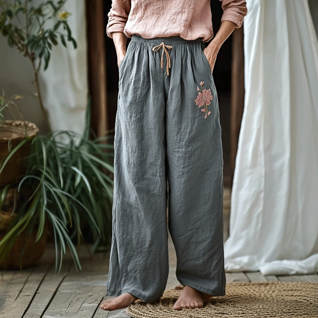 Women's Linen Bohemian Style Cropped Wide-leg Trousers Pants