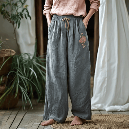 Women's Linen Bohemian Style Cropped Wide-leg Trousers Pants