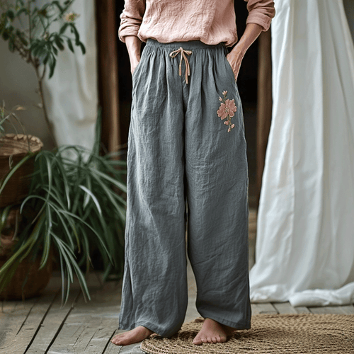 Women's Linen Bohemian Style Cropped Wide-leg Trousers Pants