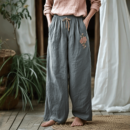 Women's Linen Bohemian Style Cropped Wide-leg Trousers Pants