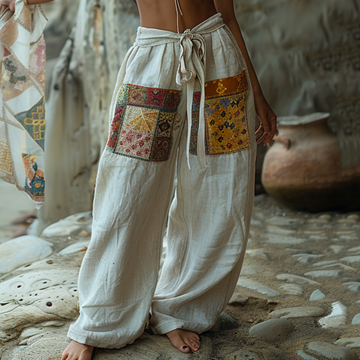 Ethnic Resort Linen Lace-up Loose Bohemia Style Trousers