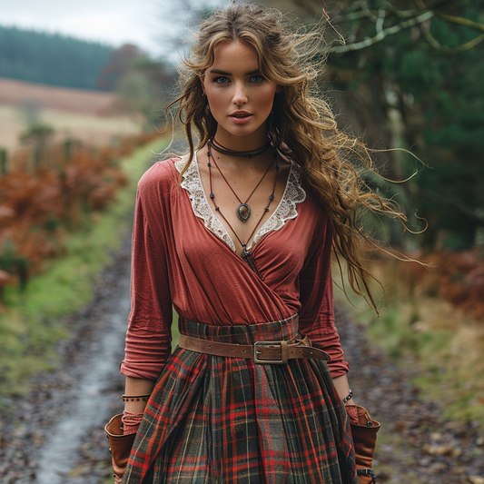 Women's Retro Plaid V-neck Long-sleeve Long Skirt Pastoral Style Maxi Long Dress