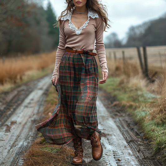 Women's Retro Plaid V-neck Long-sleeve Long Skirt Pastoral Style Maxi Long Dress