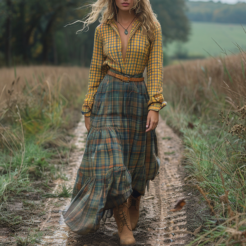 Women's Vintage V-neck Bohemian Pastoral Plaid Style Long-sleeve Maxi Long Dress