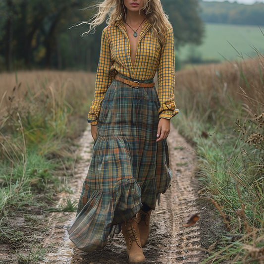 Women's Vintage V-neck Bohemian Pastoral Plaid Style Long-sleeve Maxi Long Dress