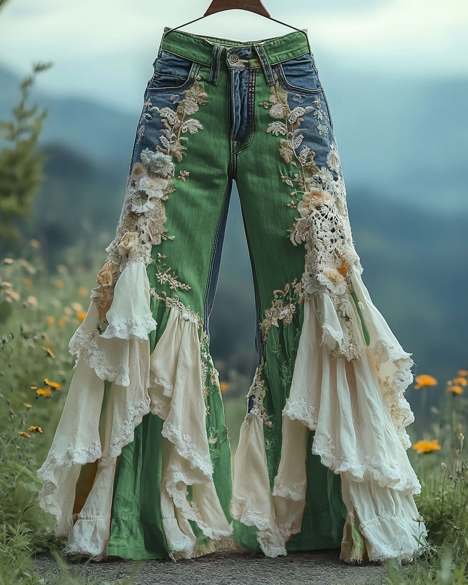 Summer ruffled denim cotton and linen patchwork contrast color pants 3d3a