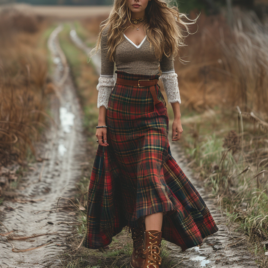 Women's Retro Plaid V-neck Long-sleeve Long Skirt Pastoral Style Maxi Long Dress