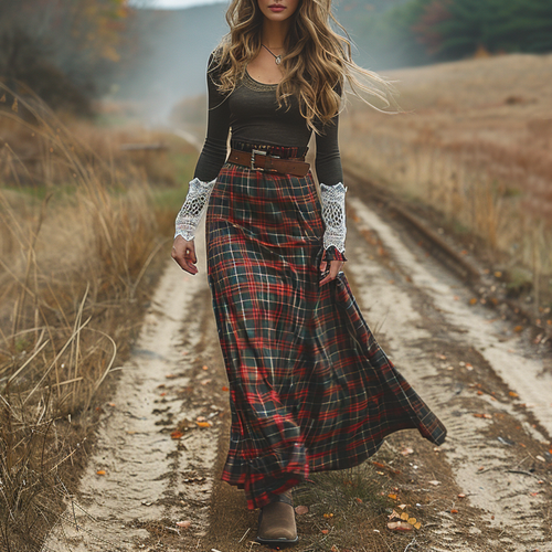 Women's Retro Round Neck Long-sleeve Long Skirt Plaid Pastoral Style Maxi Long Dress