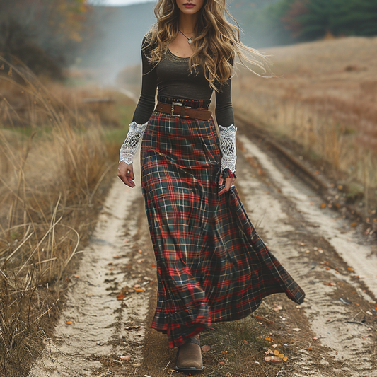 Women's Retro Round Neck Long-sleeve Long Skirt Plaid Pastoral Style Maxi Long Dress