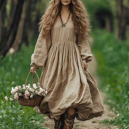 Women's Linen Bohemian Style Solid V-neck Casual Simple Loose Long-sleeve Maxi Long Dress