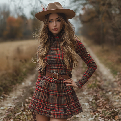 Women's Retro Plaid Pastoral Denim Style Long-sleeve Mini Short Dress
